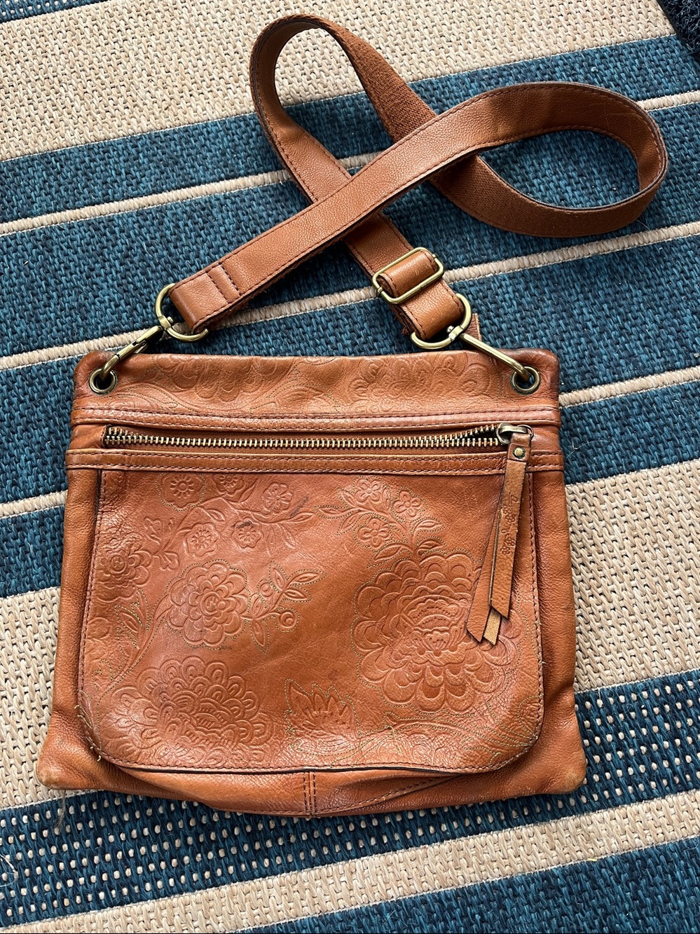 Fossil Tan Floral-Embossed Leather Crossbody Bag